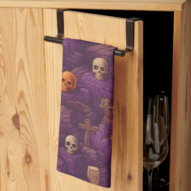 Purple Graves Silver Bronze Skulls Halloween Kitchen Towel (Thirds Fold)