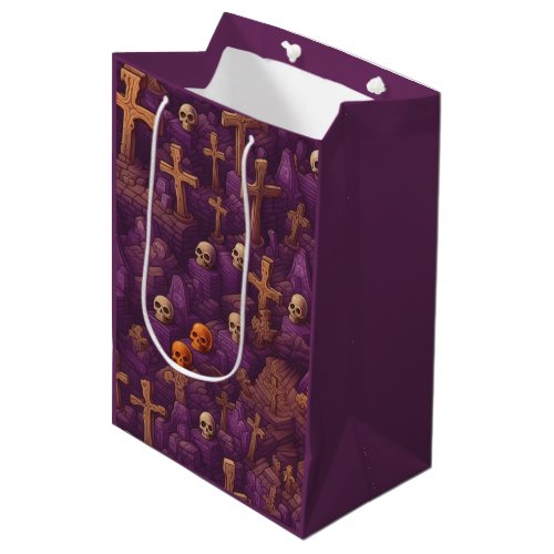 Purple Graves Silver Bronze Skulls Halloween Medium Gift Bag