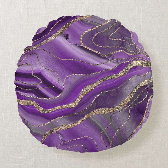 Purple Gray Agate Gold Glitter Glam #1  Round Pillow (Front)