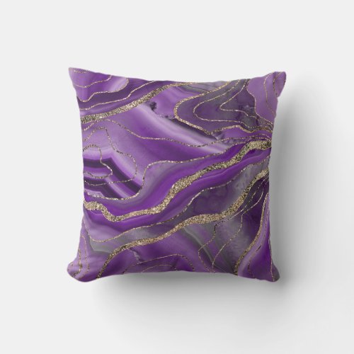 Purple Gray Agate Gold Glitter Glam 1  Throw Pillow