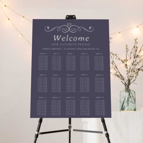 Purple Gray Alphabetical Wedding Seating Chart  Foam Board
