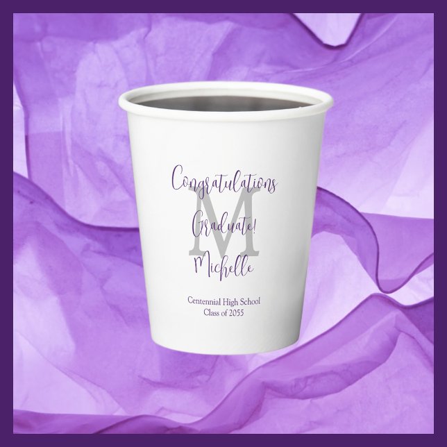 Purple Gray and White Monogrammed Graduation Party Paper Cups (Creator Uploaded)