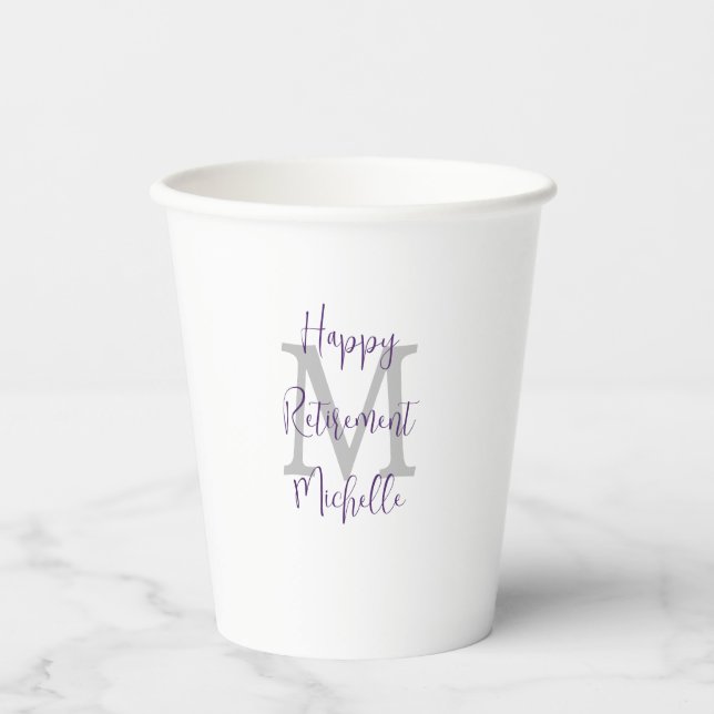 Purple Gray and White Monogrammed Retirement Party Paper Cups (Front)