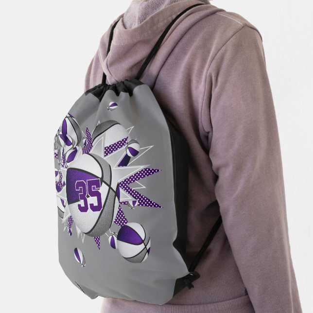 purple gray basketballs stars girls jersey number drawstring bag (Insitu)