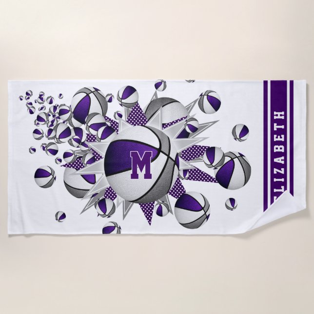 purple gray basketballs stars girls monogrammed beach towel (Front)