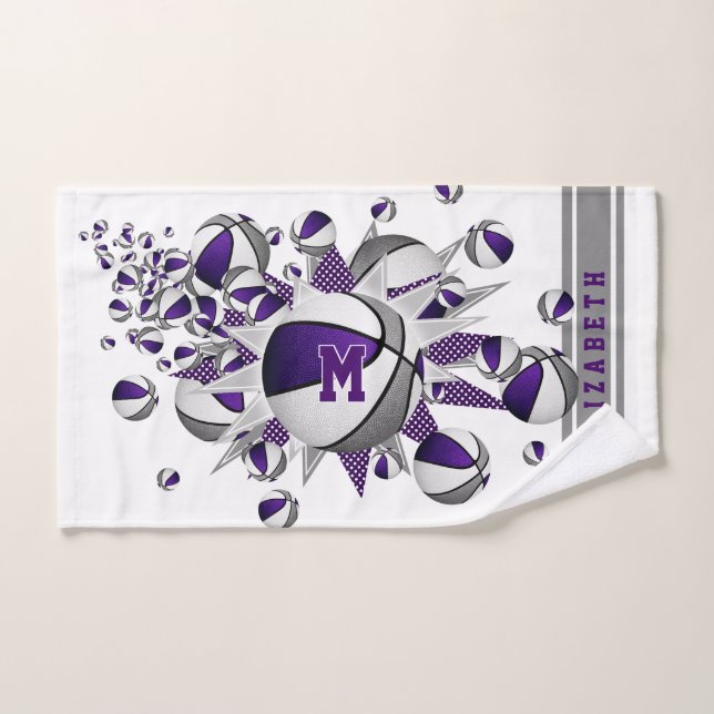 purple gray basketballs stars girls monogrammed hand towel  (Hand Towel)