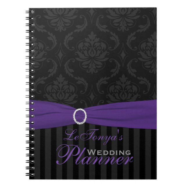 Purple, Gray, Black Damask Striped Notebook (Front)
