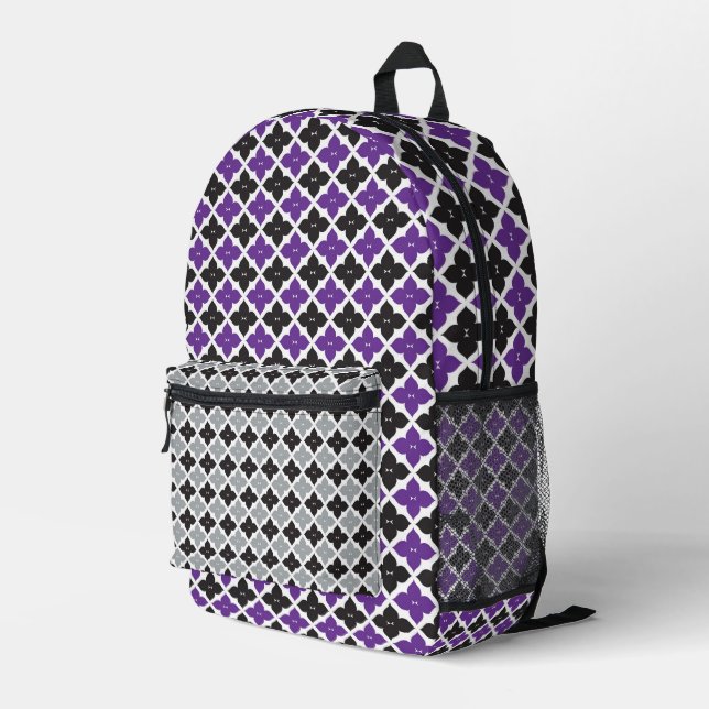 PURPLE GRAY BLACK WHITE DIAMOND FLORAL PATTERNS PRINTED BACKPACK (Back Corner Right)