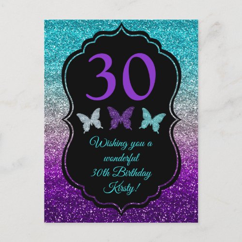 Purple Gray  Blue Gradient Glitter Birthday Postcard