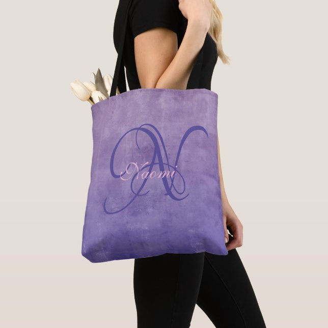 Purple Gray Blue stylish rustic monogram Tote Bag (Close Up)