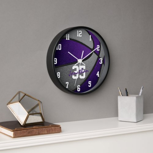 purple gray boys girls basketball personalized clock