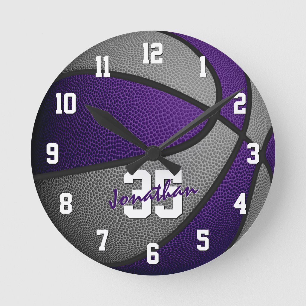 purple gray boys girls basketball personalized round clock