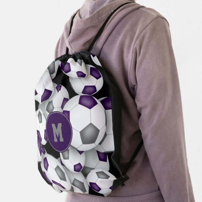 purple gray boys girls school spirit soccer drawstring bag (Insitu)