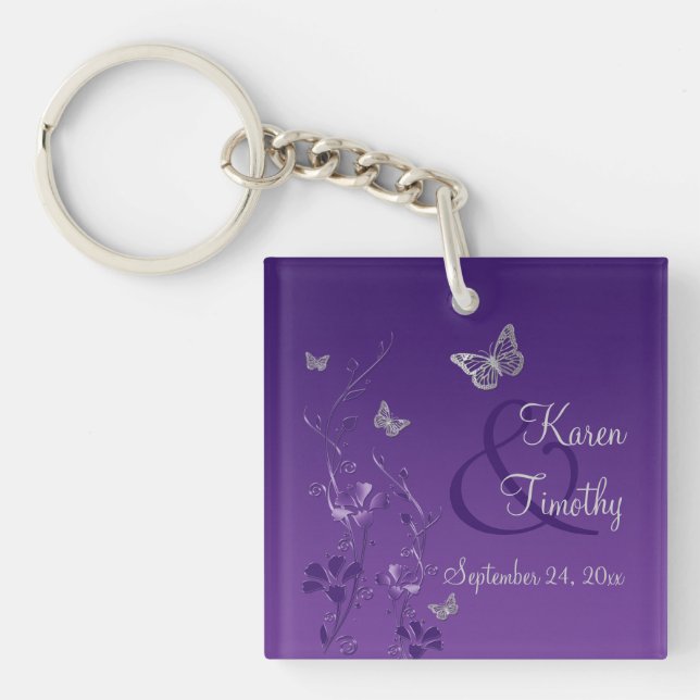 Purple Gray Butterfly Floral Acrylic Keychain (Front)