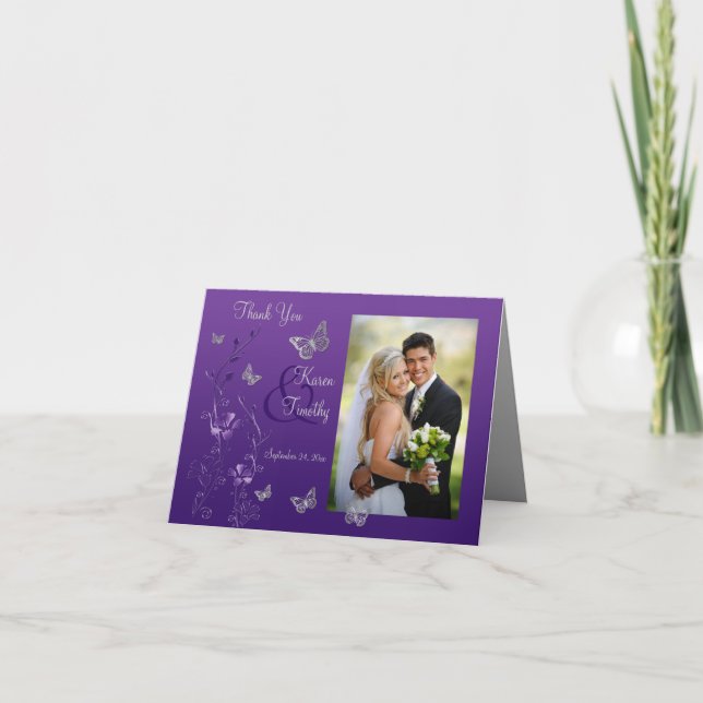 Purple Gray Butterfly Floral Photo Thank You Card (Front)