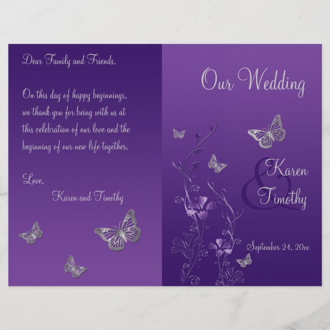 Purple Gray Butterfly Floral Wedding Program (Front)