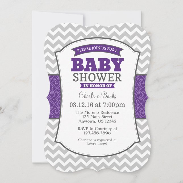 Purple Gray Chevron Baby Shower Invitation (Front)