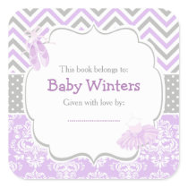 Purple/Gray Chevron Ballerina Baby Shower Square Sticker