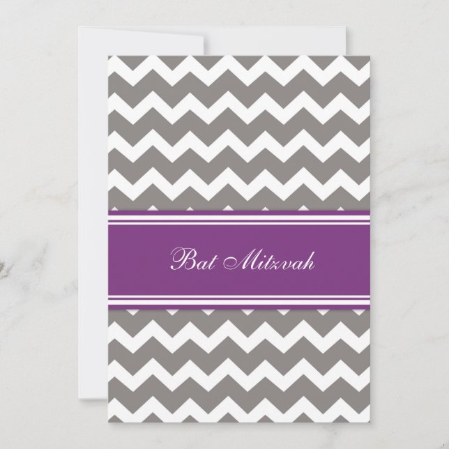 Purple Gray Chevron Bat Mitzvah Invitations (Front)