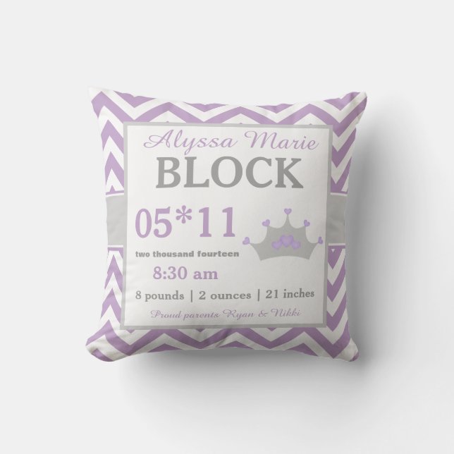 Purple Gray Crown Baby Announcement Pillow (Front)