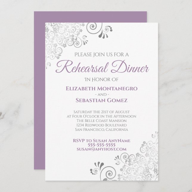Purple & Gray Curls Wedding Rehearsal Dinner Invitation (Front/Back)