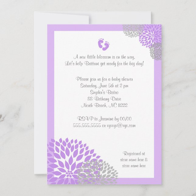 Purple Gray Dahlia Baby Shower Invite with feet (Front)