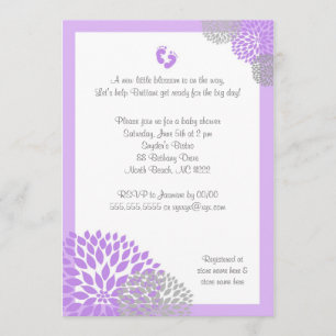 Purple Gray Dahlia Baby Shower Invite with feet