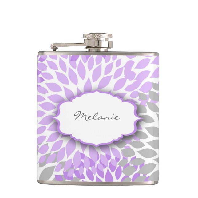 Purple Gray Dahlia custom liquor flask with name (Front)