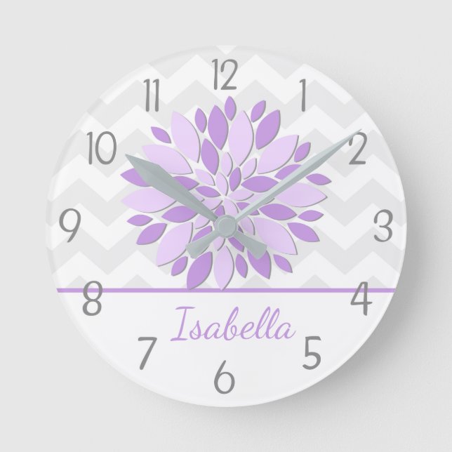 Purple Gray Dahlia Flower Nursery Wall Clock (Front)
