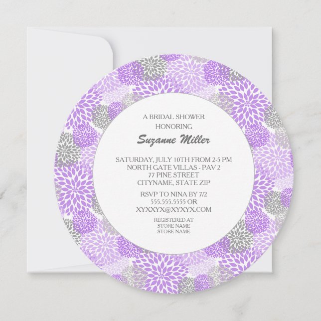 Purple Gray Dahlia Round BRIDAL SHOWER INVITE (Front)