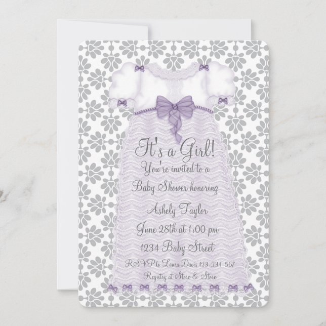 Purple Gray Damask Baby Girl Shower Invitation (Front)