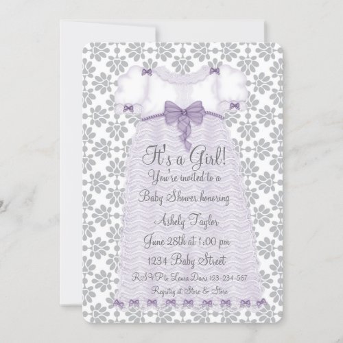 Purple Gray Damask Baby Girl Shower Invitation