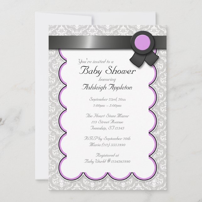 Purple & Gray Damask Baby Shower Invitations (Front)