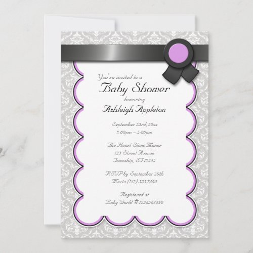 Purple  Gray Damask Baby Shower Invitations