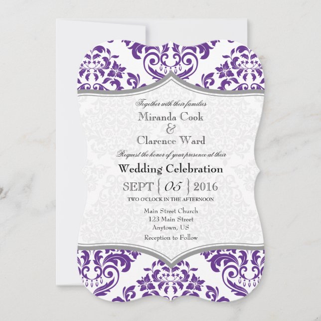 Purple Gray Damask Bracket Wedding Invite (Front)
