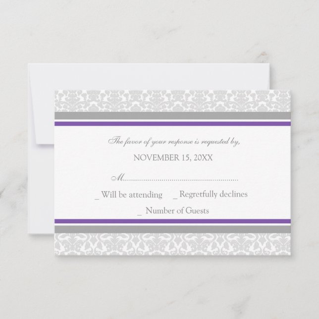 Purple Gray Damask RSVP Wedding Card (Front)