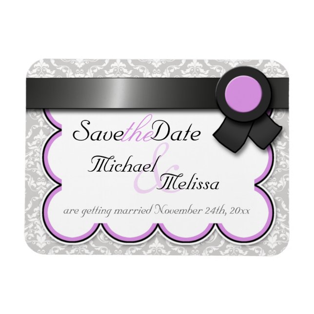 Purple & Gray Damask Save the Date flat Magnet (Horizontal)
