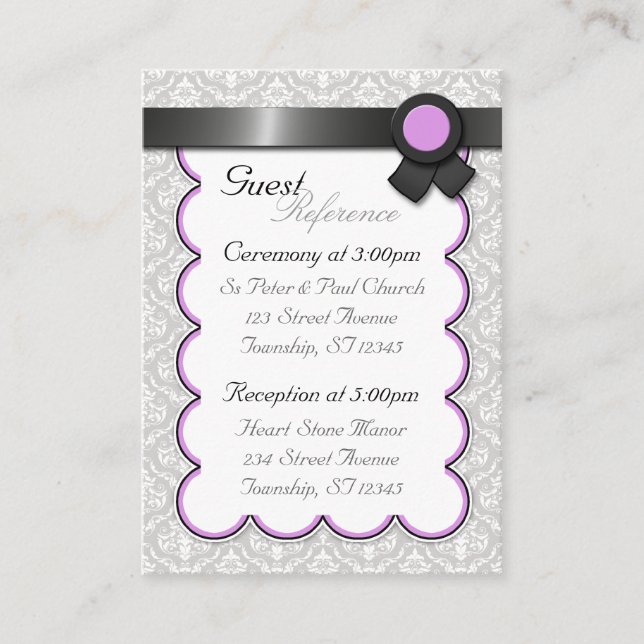 Purple & Gray Damask Wedding Guest Reference Cards (Front)