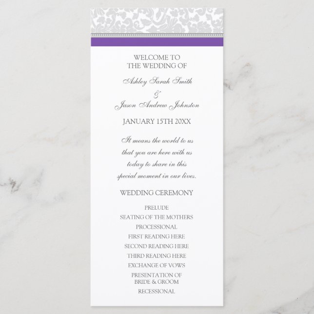 Purple Gray Damask Wedding Program (Front)