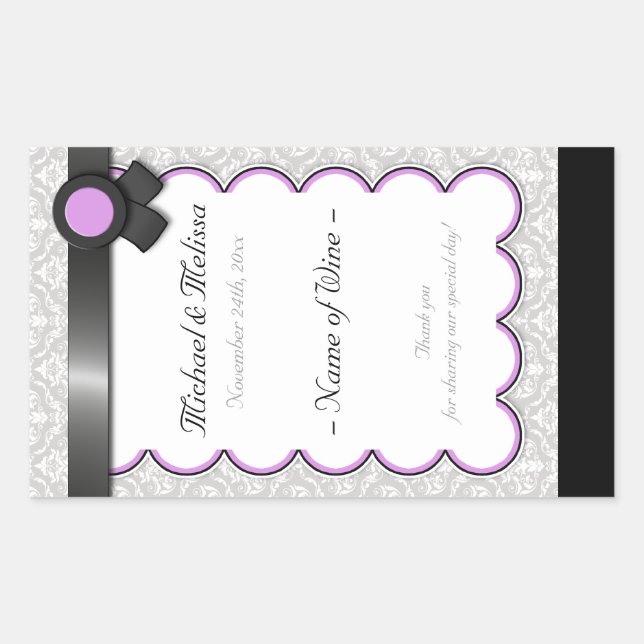 Purple & Gray Damask Wedding Wine Bottle Labels (Front)