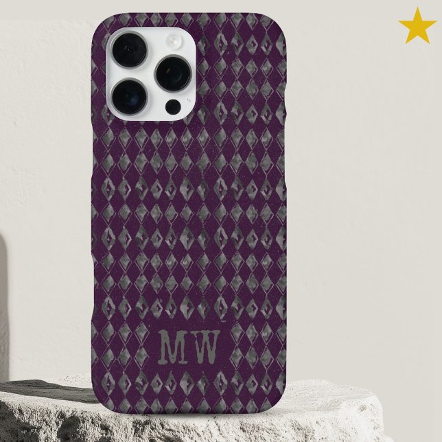 Purple Gray Doodle Diamond Pattern Custom Monogram iPhone Case (Creator Uploaded)