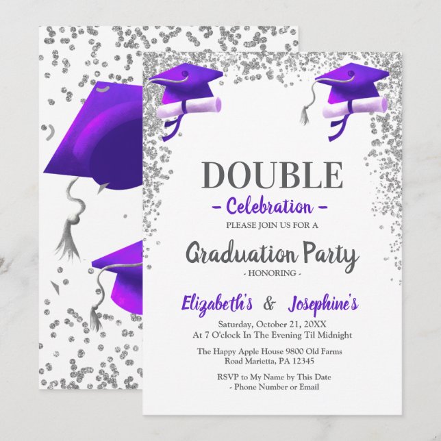 Purple Gray double Celebration Graduation Party  Invitation (Front/Back)