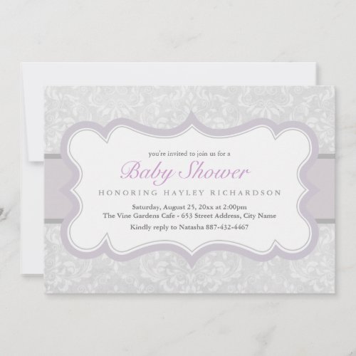 Purple  Gray Elegant Damask Baby Shower Invite