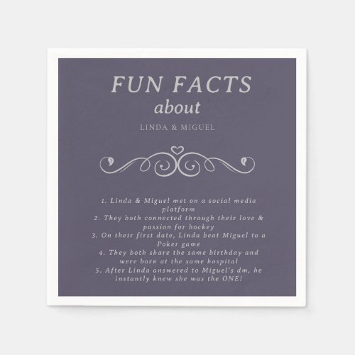 Purple Gray Elegant Trivia Fun Facts Wedding  Napkins