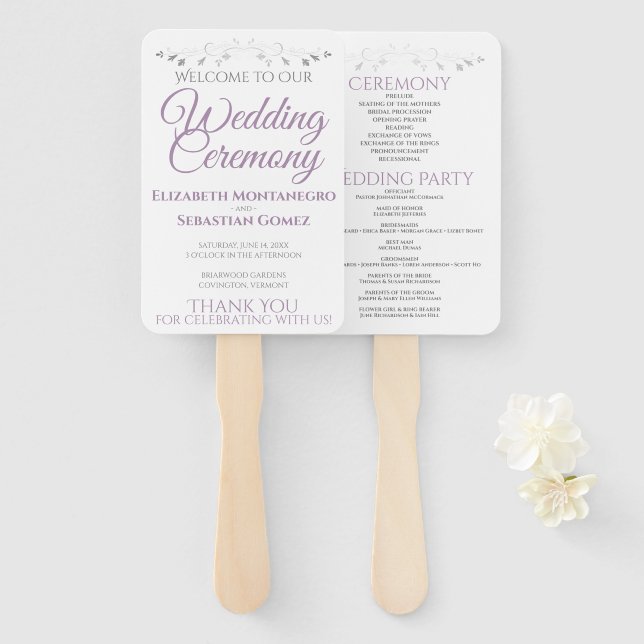 Purple & Gray Elegant Wedding Fans with Program (Front and Back)