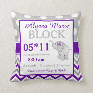 Purple Gray Elephant Baby Announcement Pillow