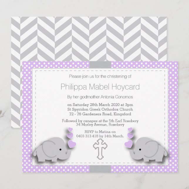 Purple & Gray Elephant 🐘 Baby - Christening Invitation (Front/Back)