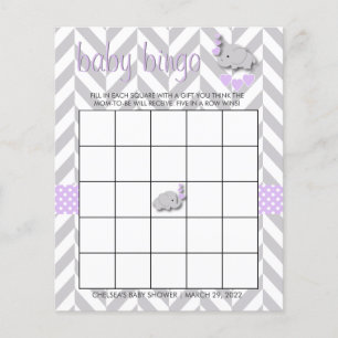 Purple & Gray Elephant Baby Shower - Bingo Flyer