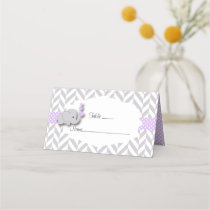 Purple & Gray Elephant Baby Shower | Doubled-Sided Place Card