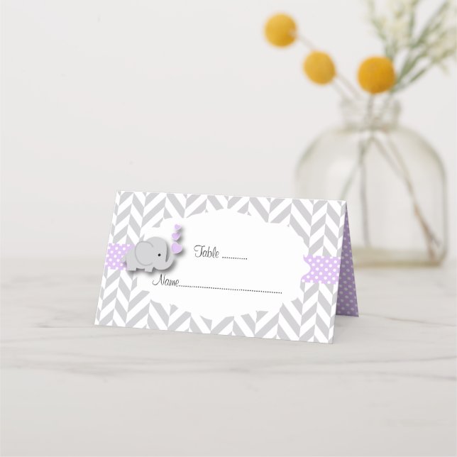 Purple & Gray Elephant Baby Shower Place Card (Front)